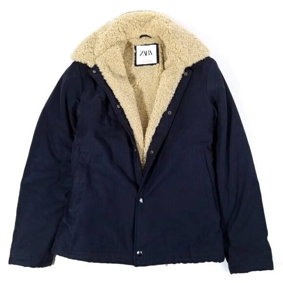 NEW Zara Premium Sherpa Fur Jacket Button Down Deck Coat Navy Small Gorpcore - Picture 1 of 9